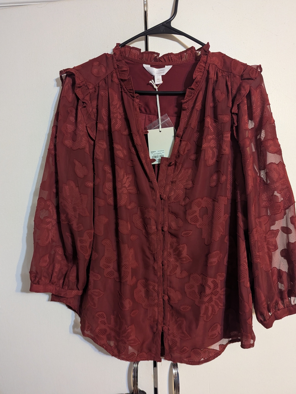 LC Lauren Conrad Deep Red Floral Lace Peasant Blouse